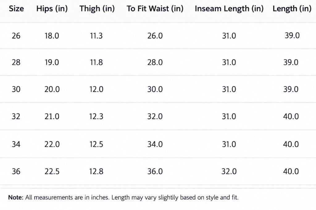 Product Size Chart Guide